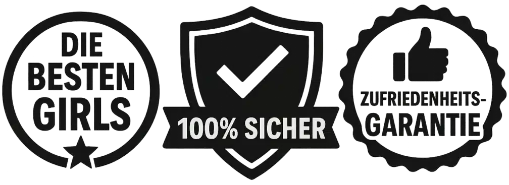 Drei schwarz-weiße Abzeichen: Die besten Girls mit einem Stern, 100% sicher mit einem Häkchen und Zufriedenheits-Garantie mit einem Daumen-nach-oben-Symbol - ideal für Wien Escort Services, die Vertrauen und Qualität suchen.